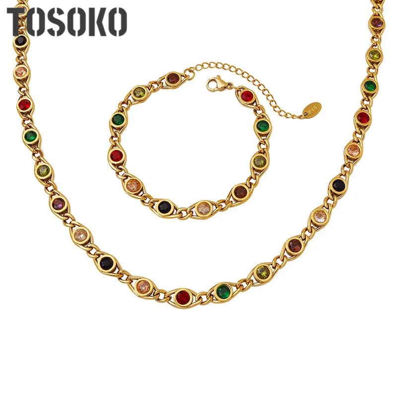 

TOSOKO Stainless Steel Fish Eye Design Colorful Zircon Splicing Chain Necklace Bracelet Plated 18K Gold Jewelry Set BSP515-E332