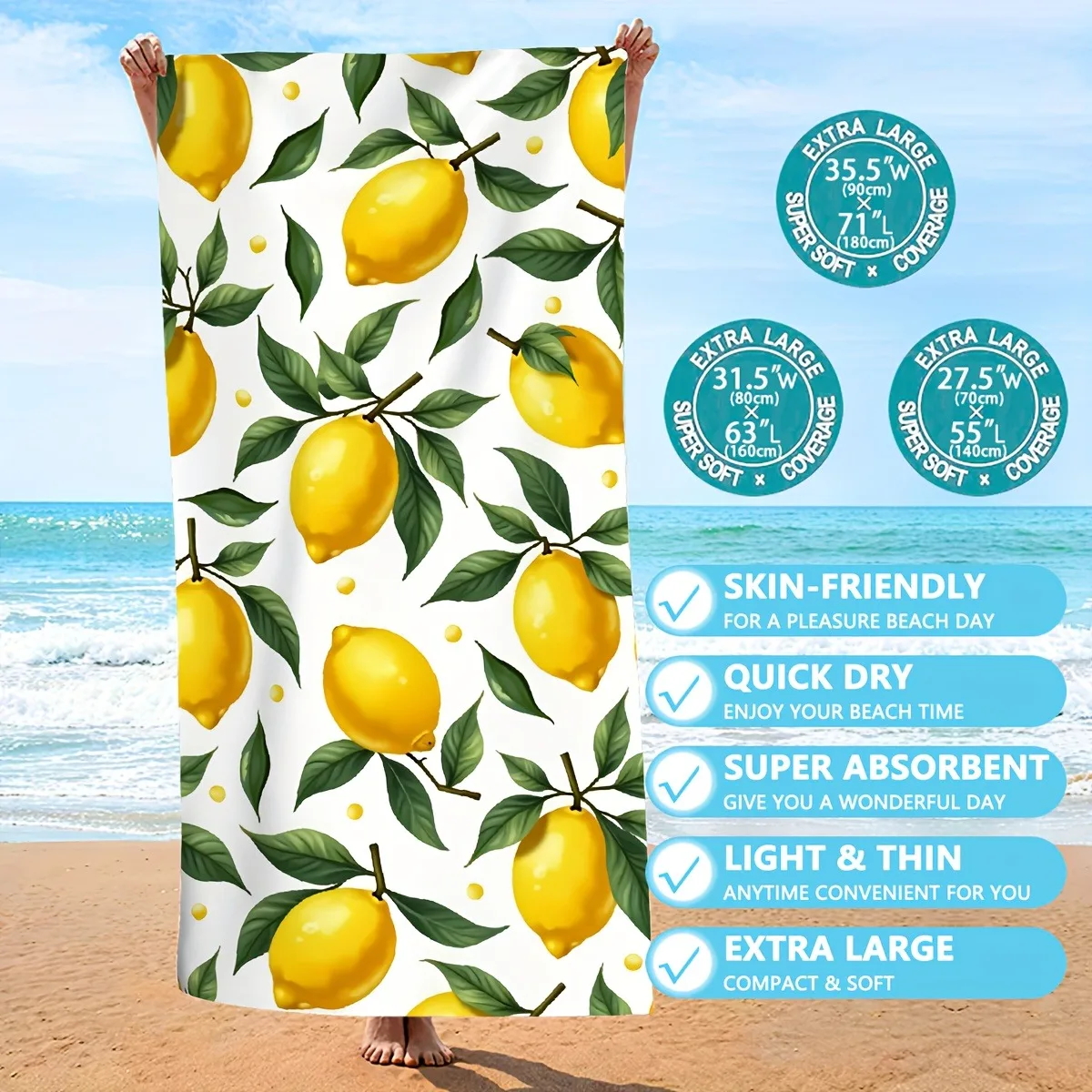 

Lemon-Printed Extra Large, Skin-Friendly Beach Towel for Ultimate Summer Fun! Suitable for towels, bath towels, beach towels