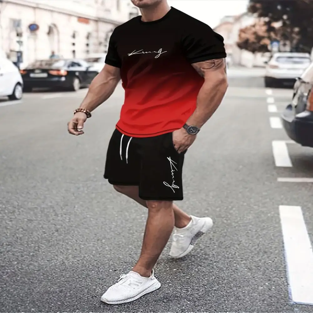 Summer beach 3D printed men\'s T-shirt suit gradient sportswear fitness plus size clothing two-piece round neck T-shirt shorts