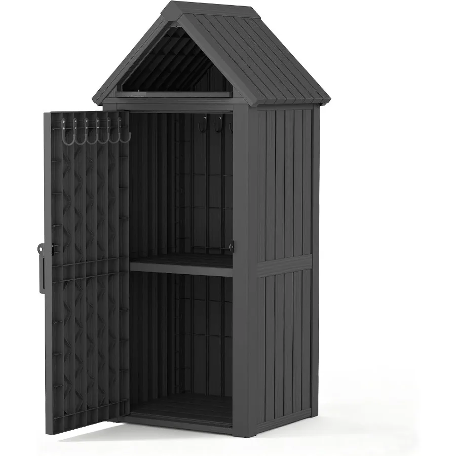 Vertical Outdoor Storage Shed: Waterproof Resin, Classic Black, with Removable Shelves 12 Hooks for Garden, Backyard, Patio, Po