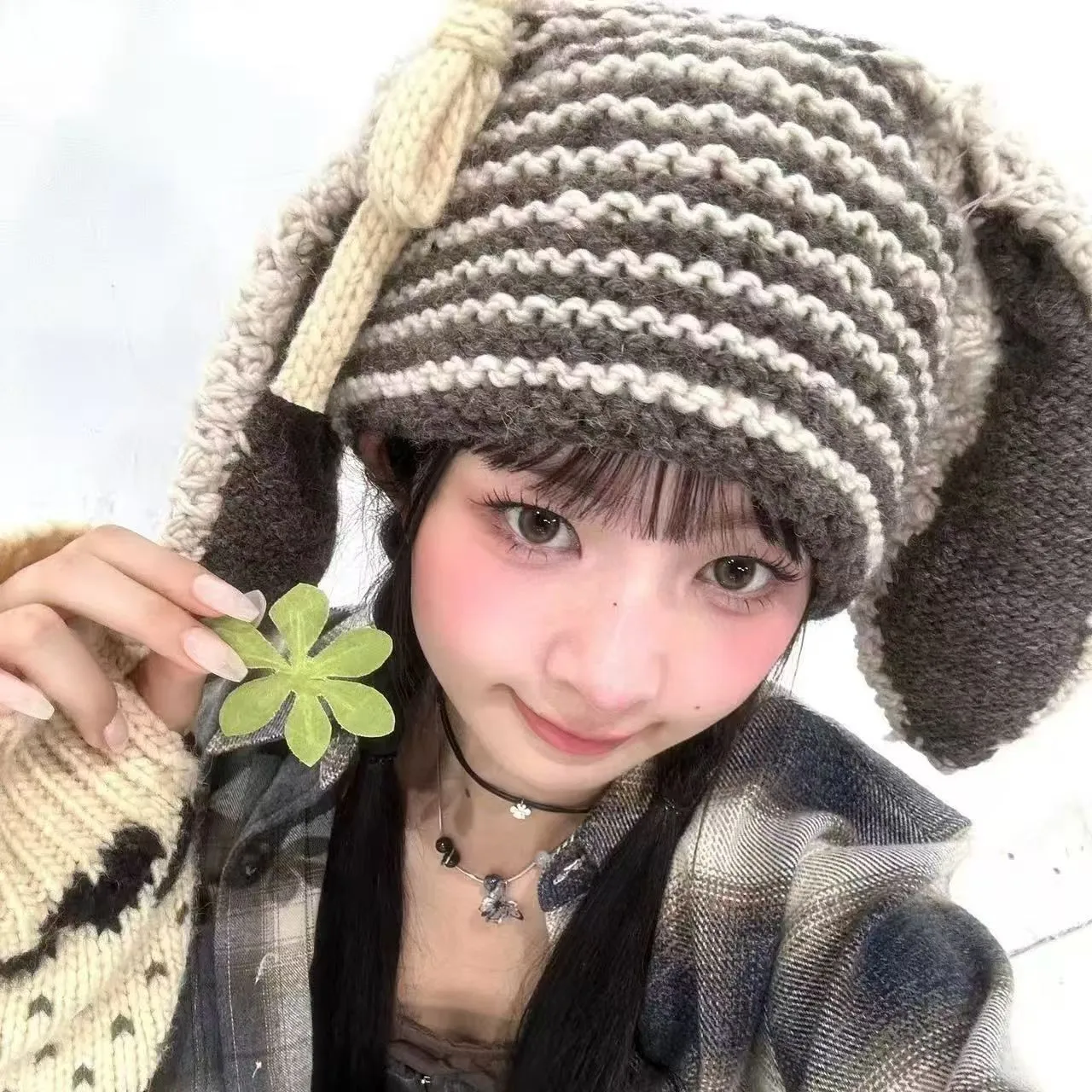 Korean Cute Long-Eared Hand-Knitted Bonnets Hats for Women Y2K Winter Woolen Cap Cartoon Rabbit Beanie Sombreros De Mujer