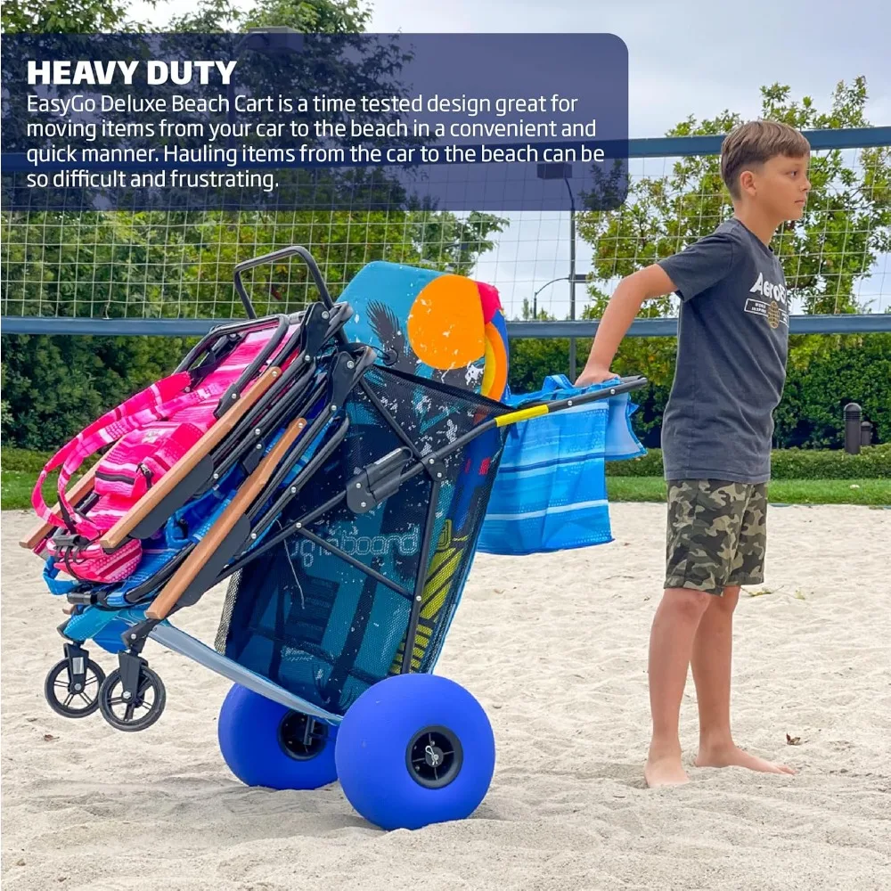 Heavy-Duty Folding Beach Cart with Sand Wheels, Holds 4 Chairs, Umbrella Holder, Ocean Utility, 13 x 7 Deluxe Beach Equipment