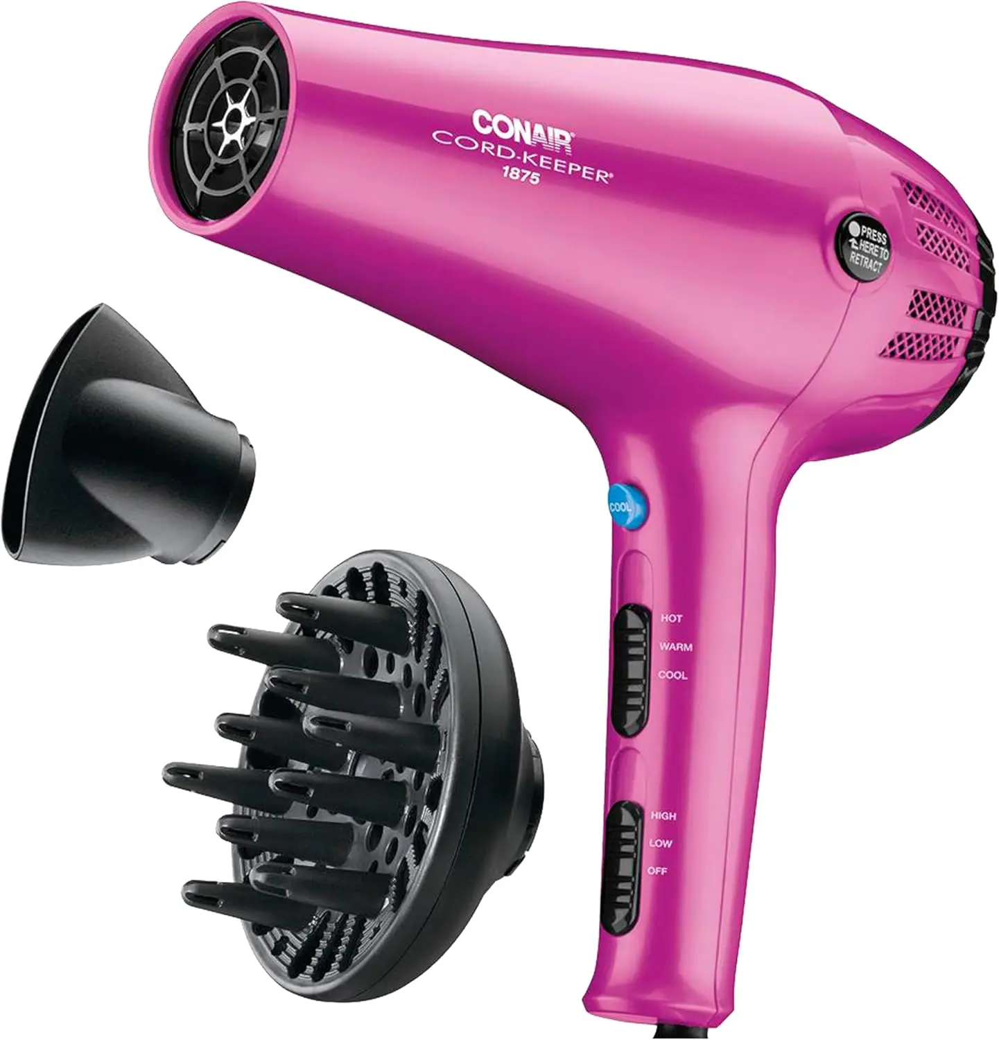 1875W Hair Dryer with Retractable Cord, 3 Heat Settings, 2 Speeds, Ionic Tourmaline Technology, Pink