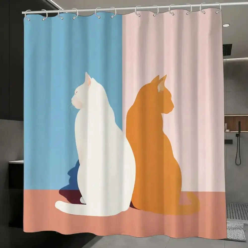 Minimalist Cat Shower Curtain – White & Orange Cats on Blue Pink Split Background, 12 Hooks, 70.87×70.87
