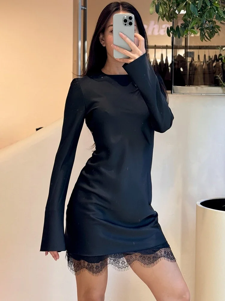 Chaxiaoa Satin Long Sleeve Sexy Mini Dress Women Elegant Lace Patchwork Ruched Slim Club Party Dresses Female Clothes Robe