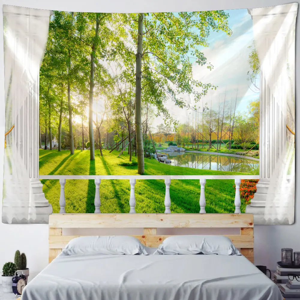 3D Terrace Landscape Tapestry Wall Hanging Sea Forest Wall Decoration Carpet Bohemian Aesthetics Home Living Room Art Background