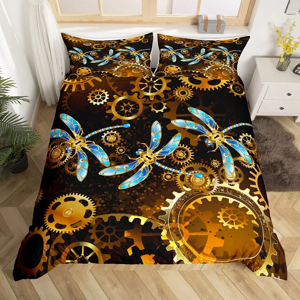 Clock Theme Gears Duvet Cover Twin King Steampunk Jewelry Gold Watch Bedding Set Mechanical Decor Chain and Keys Comforter Cover