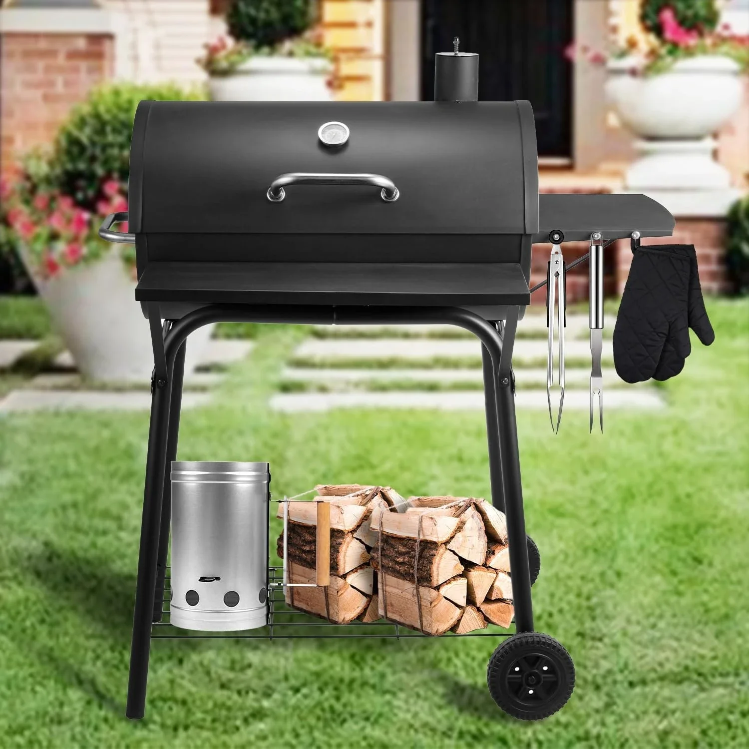 

Charcoal Grills Outdoor BBQ Grill 30INCH Barrel Charcoal Grill with Side Table, Outdoor Backyard Camping Picnics, Patio
