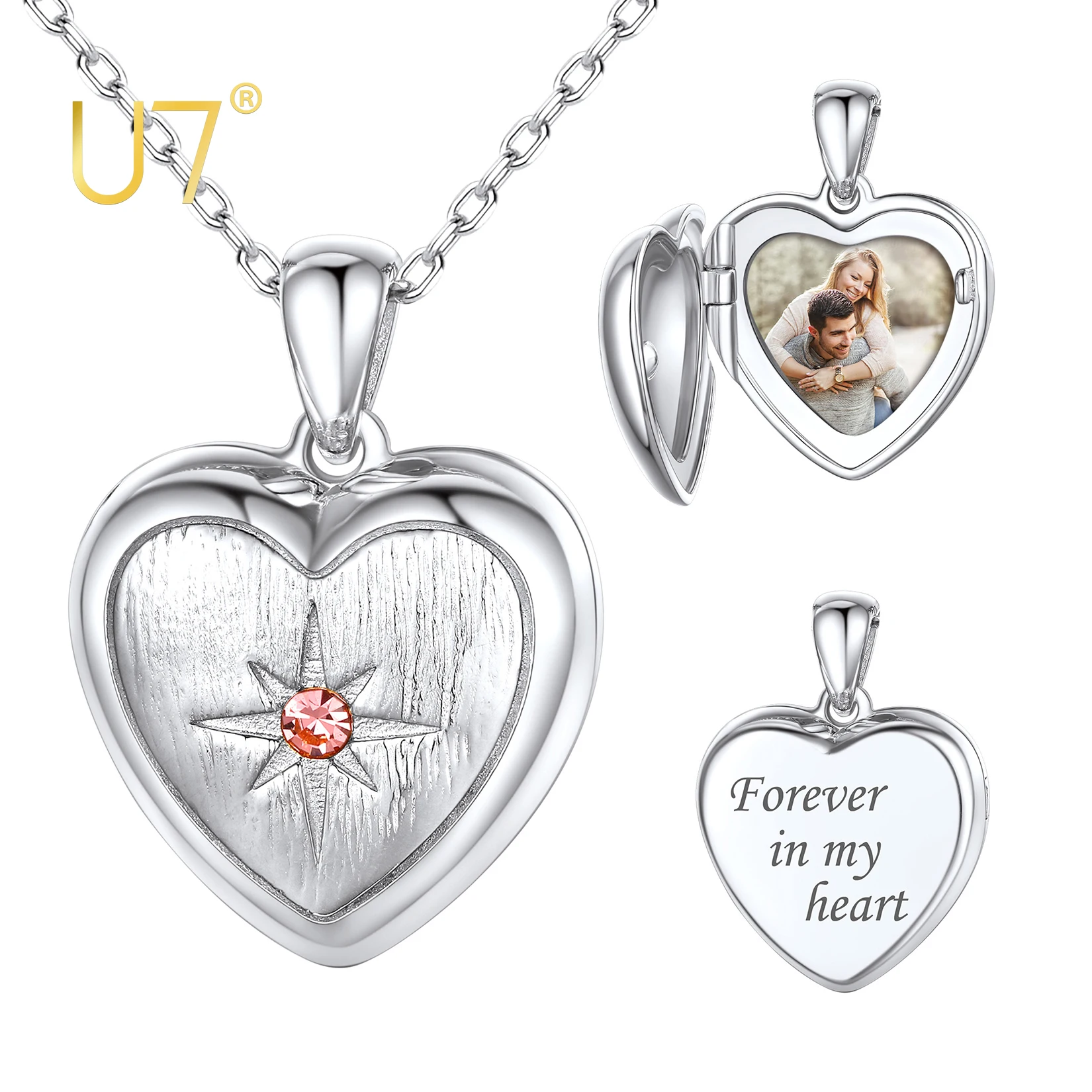 U7 Custom 925 Silver Heart Photo Locket Necklace with Birthstones Laser Engrave Memorial Family Picture Personalized Jewelry