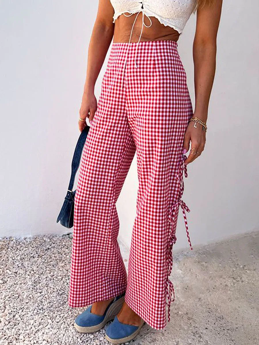 Women Plaid Pants Side Tie-Up Hollow-Out Loose Trousers Wide-Leg Casual Sweatpants Bottoms