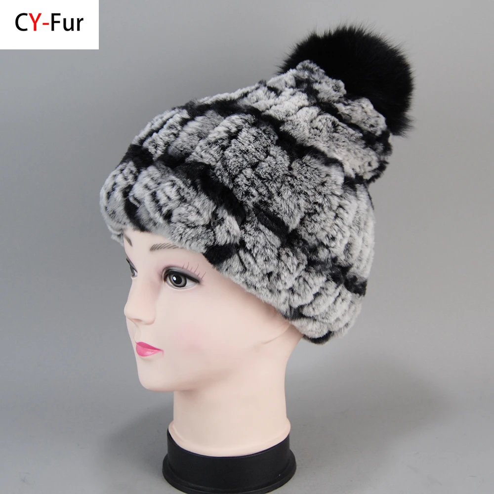 

Good Elastic Knit Fox Fur Pompom Hats For Women Striped Natural Rex Rabbit Fur Caps Winter Girls Fashion Real Fur Beanies Hat