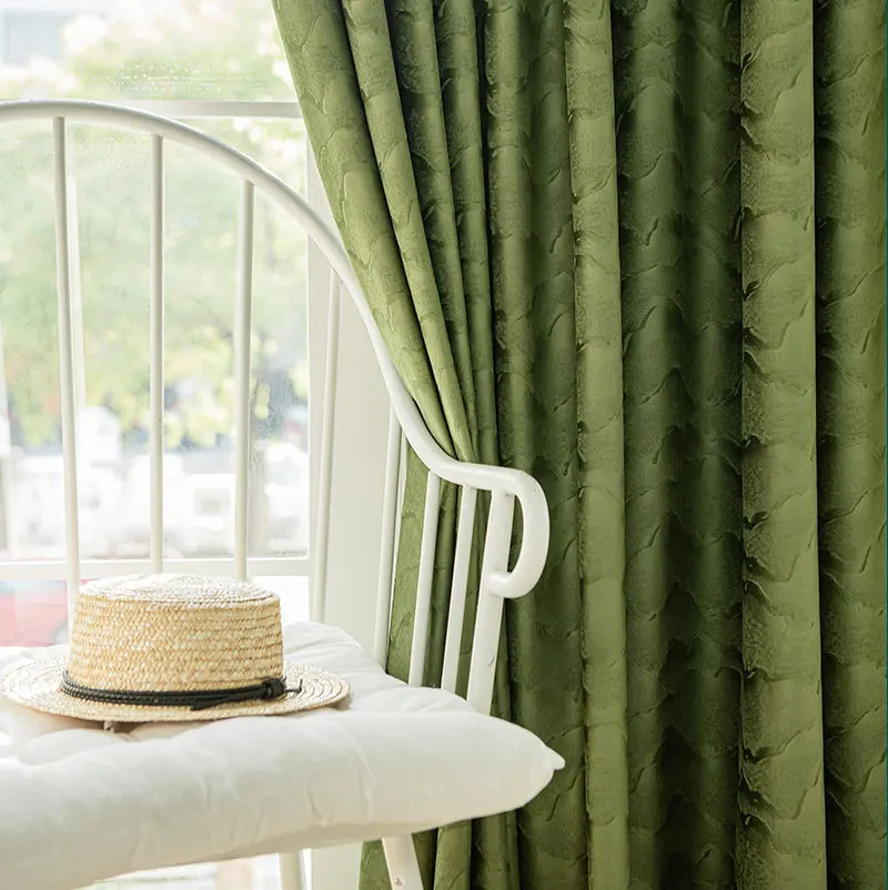 Tende in velluto goffrato oscurante con paesaggio verde di lusso leggero francese per il prodotto finito della camera da letto della sala da pranzo