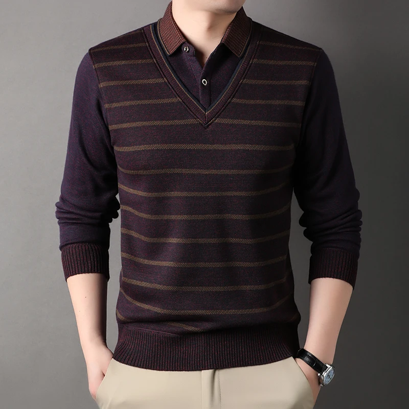 

Men's Shirt Collar Sweater Thick Fleece Lined Pullover Striped Clothing Autumn Winter Polo Neck Jumpers Fashion Knitwear