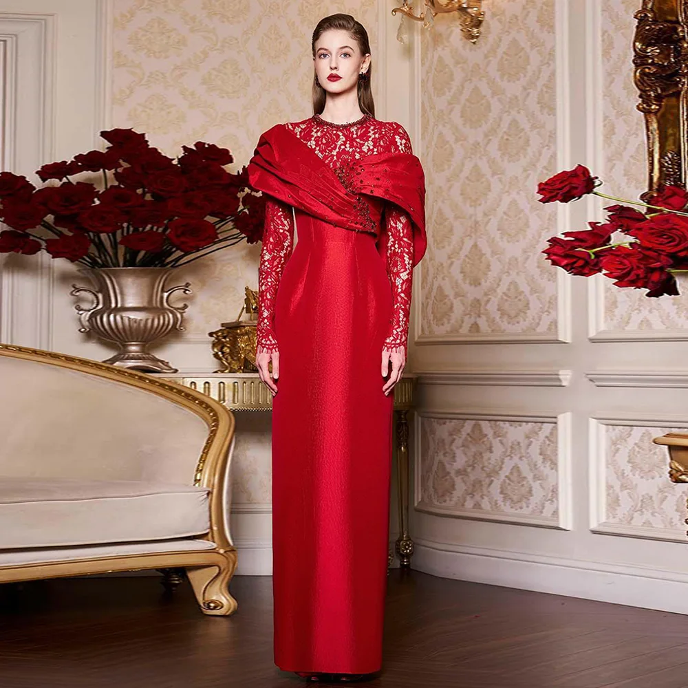 

Elegant Red Evening Dresses Vestidos De Fiesta Round Neck Long Sleeves Beading Lace Pleat Straight Floor Length Prom Gown