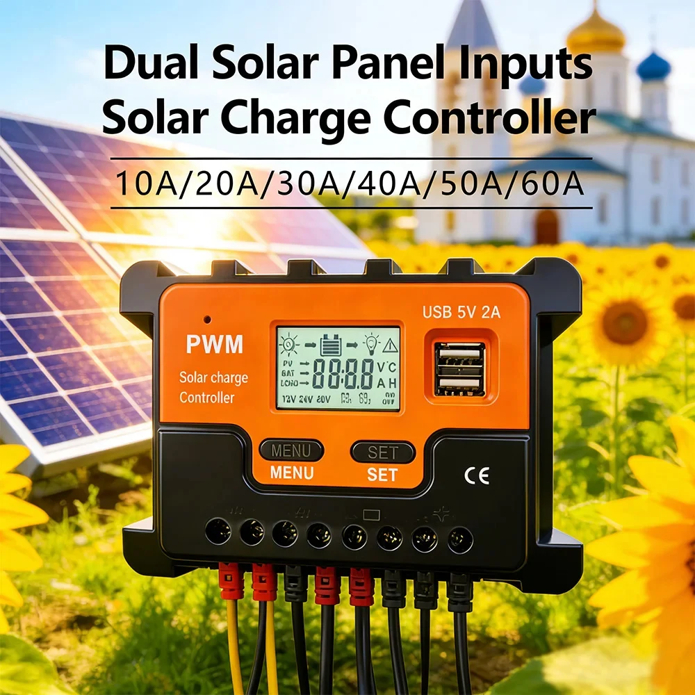Dual Solar Panel Input Solar Charge Controller 12V 24V 48V Auto Recognition 10A 20A 30A 40A 50A 60A IP32 Protection