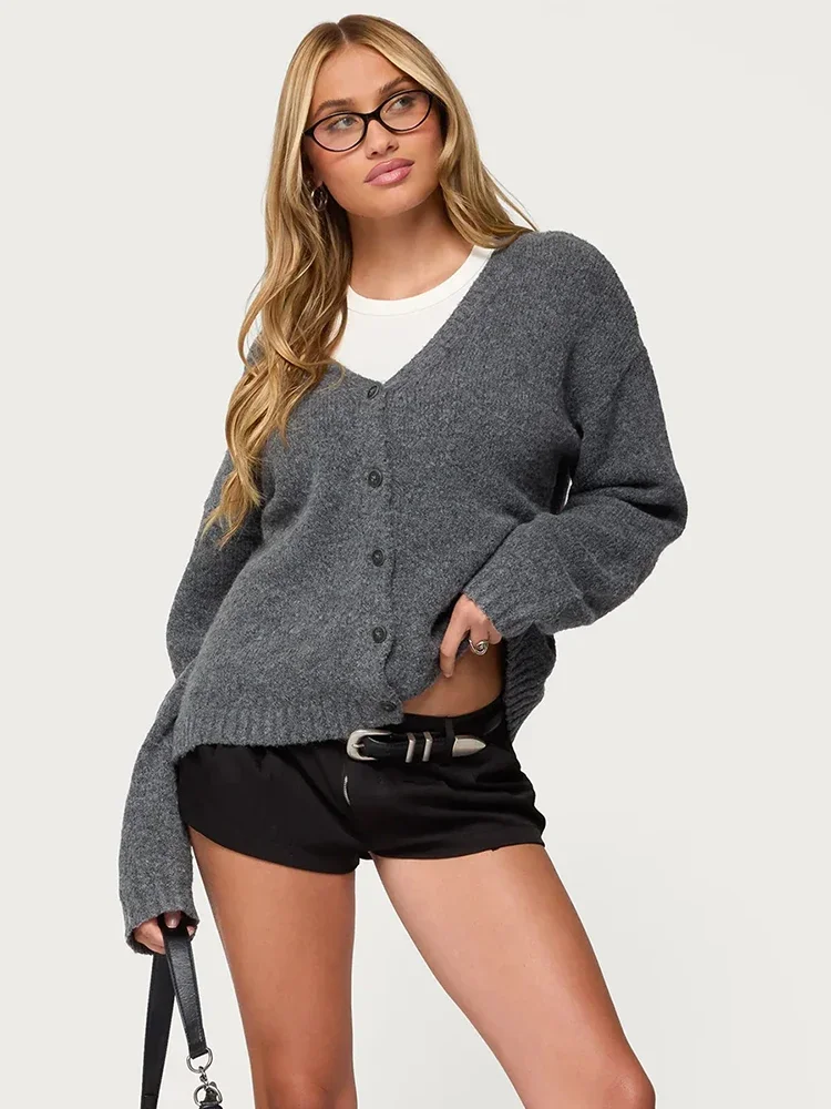 Women Solid Grey Knitted Cardigan Casual V-neck Full Sleeve Single Breasted Loose Sweater Lady Daily Commute Street Cardigan
