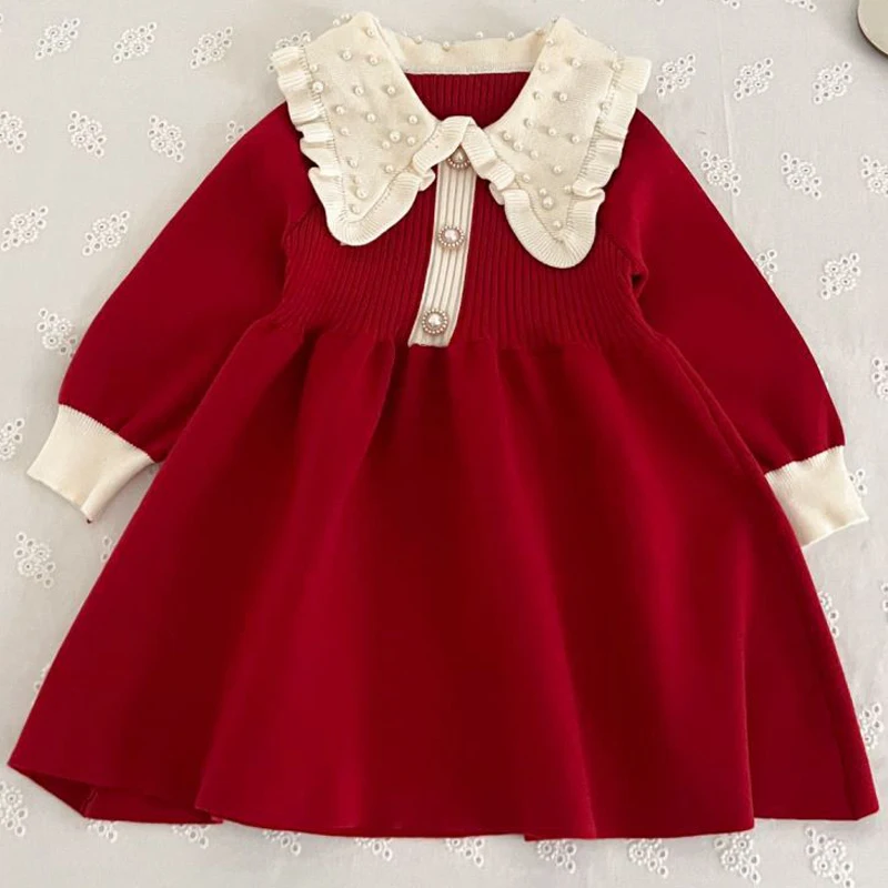 2 3 4 5 6 Years Girls Sweater Dress Splicing Lapel Pearl Decoration Pleated Skirt For Baby Girls Fashion Knitted Bottom Shirt