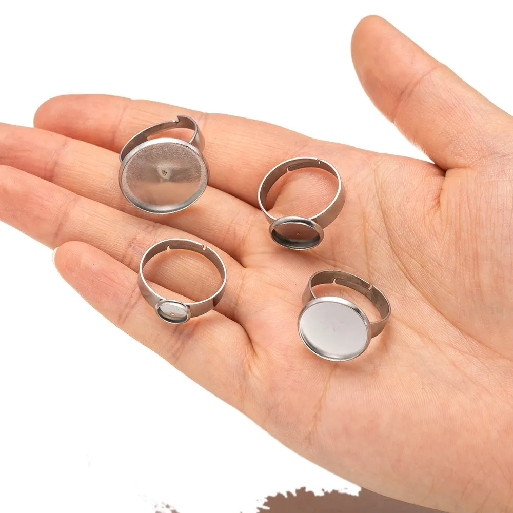 10Pcs 6/8/10/12/14/16/18/20mm Stainless Steel Adjustable Ring Glass Cabochons Setting Blank Base DIY Jewelry Making Accessories