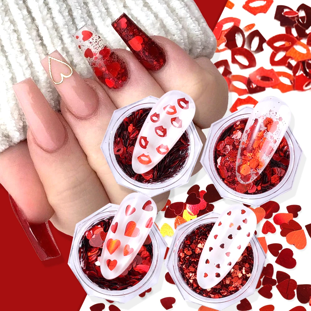 กลิตเตอร์ตกแต่งเล็บรูปหัวใจสีแดงสดใส 4/12 กล่อง/ชุด สำหรับทำเล็บ 3 มิติ ตกแต่งเล็บวันวาเลนไทน์