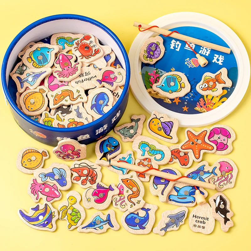 Barril de madera, juguetes de pesca en el océano, rompecabezas de educación temprana para niños, diversión cognitiva, océano magnético, pez pequeño, juego para padres e hijos