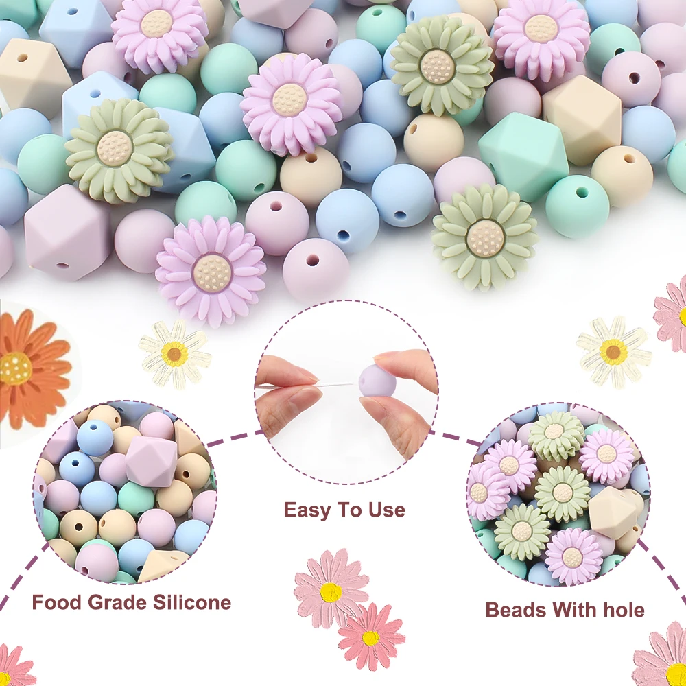 26pcs/set Silicone Beads Sunflower Flower Color Series for DIY Pendant Pearl Keychain Pen Decorate Jewelry Accessories Creative