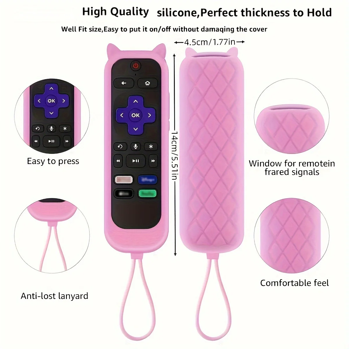 Glow in the dark cute cat\'s ears shaped silicone universal remote control cover with  for TCL Hisense Roku TV remote control