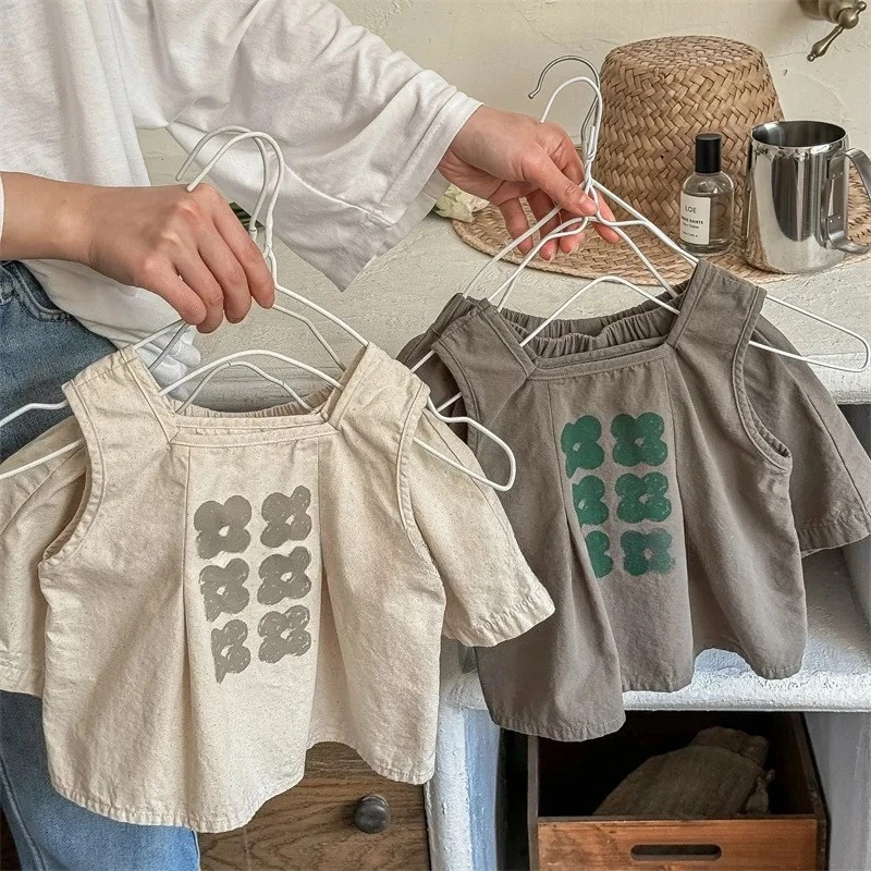 

2025 Summer Korean Style Baby Girls Printed Sets Sleeveless Shirts Ruffles Skirts 2pcs Toddlers Kids Casual Outfits