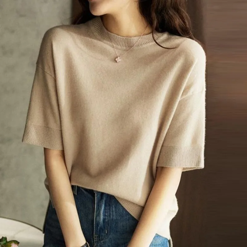 

New Short Sleeve Knitted Sweater Women Pullovers Casual O-Neck Sueters De Mujer Knit Sweater Pullover Women Tops Knitwears Q2285