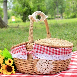Cesta de piquenique de vime com tampa resistente, Handle Picnic Hamper, Forro lavável, Cesta tecida para praia, Caminhadas, Acampamento ao ar livre