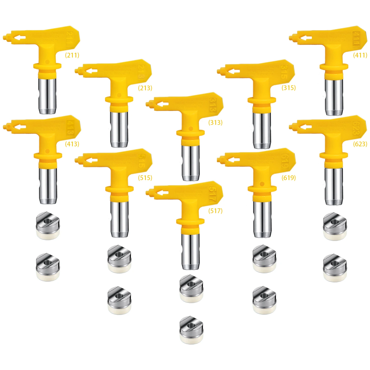 10 yellow quick-change rotatable high-pressure airless spray gun nozzles (211, 213, 313, 315, 411, 413, 517, 515, 619, 623) for
