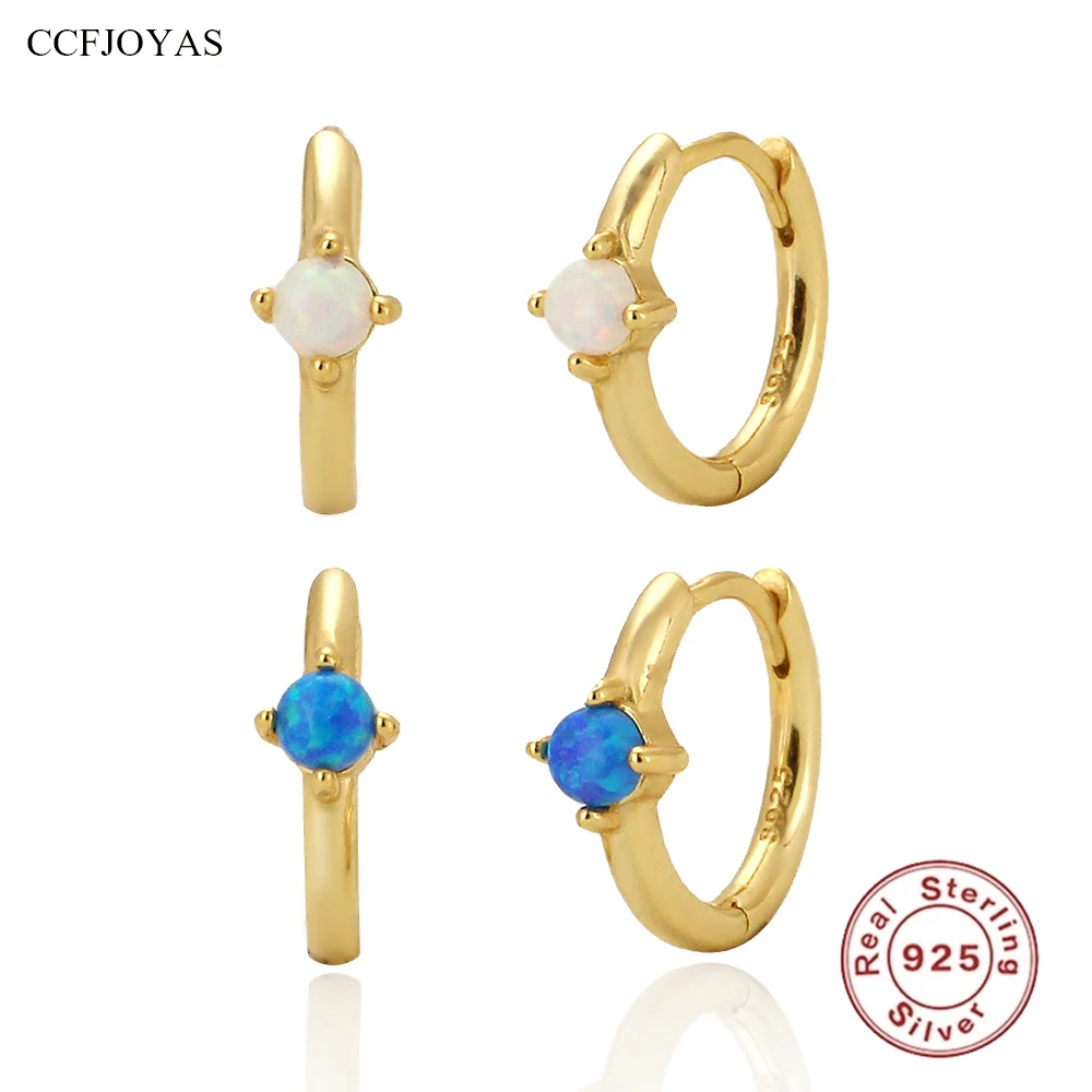 

CCFJOYAS 9mm 925 Sterling Silver White/Blue Opal Hoop Earrings for Women Minimalist Gold Silver color Huggies Earrings