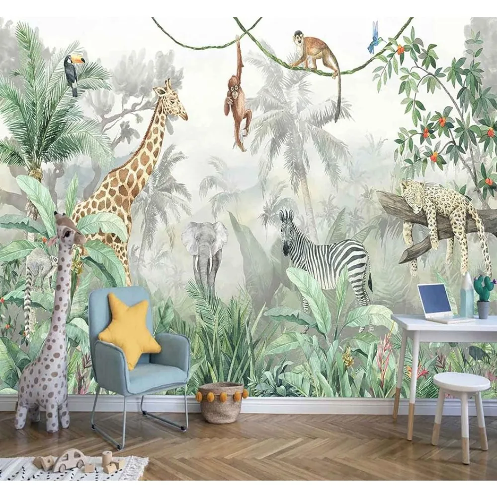 

Room Decor Kids Wallpaper Tropical Leves and Safari Animals Wall Mural for Wall Bedroom Living Room TV Background Sofa Wall Home