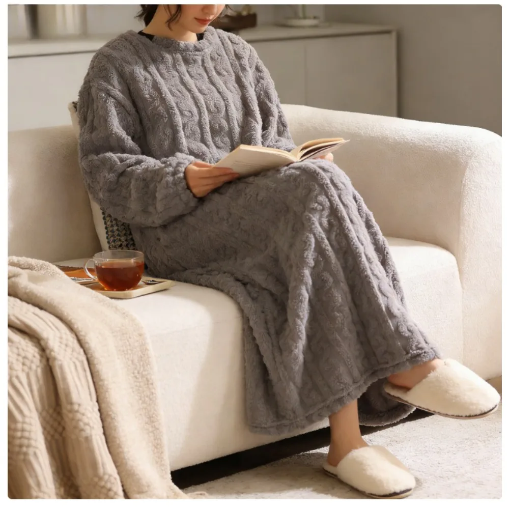 

Женский теплый комплект для сна из кораллового флиса свободного кроя с карманами: длинный халат, ночная рубашка, зимний новый домашний плед