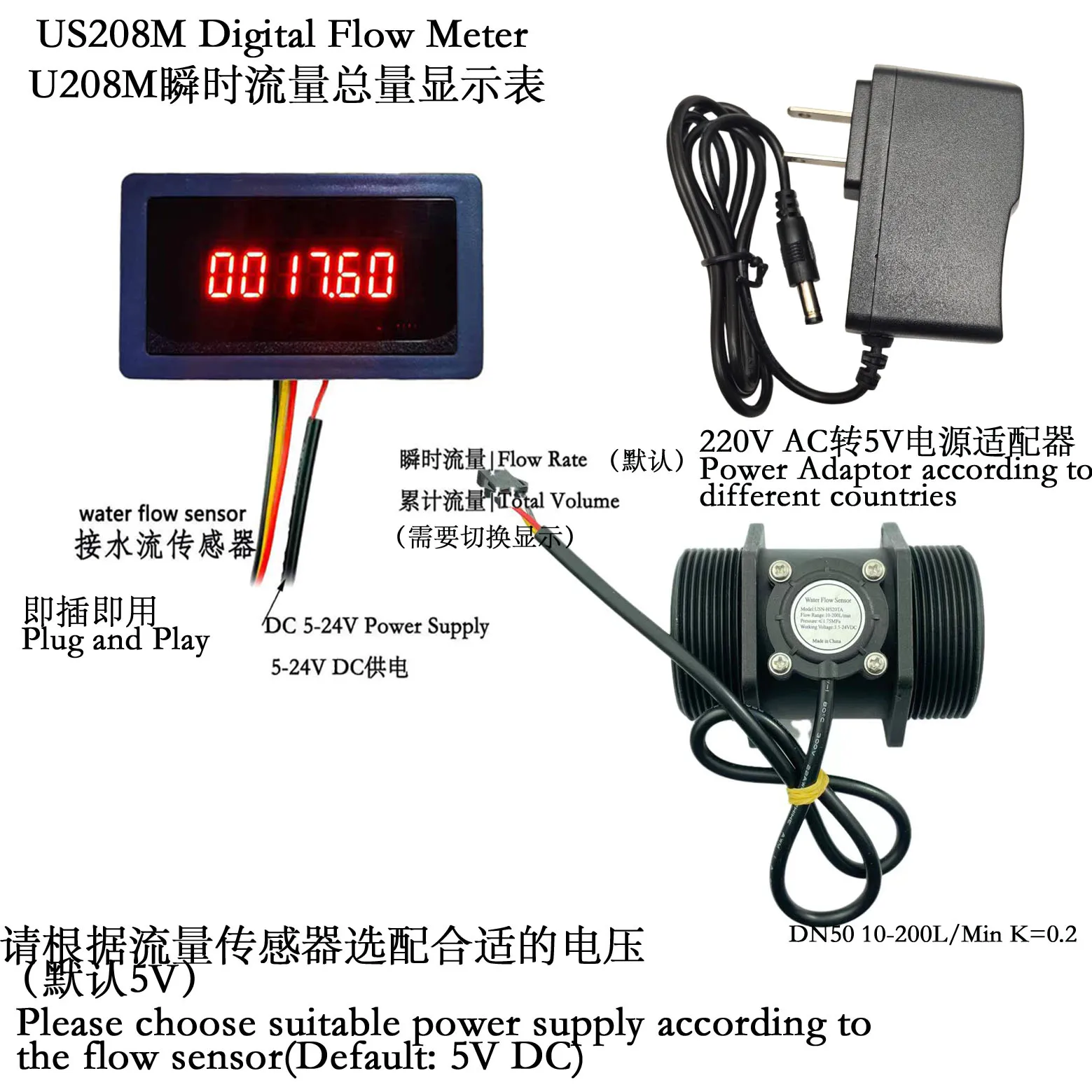 Digital Flow Meter US208M and DN15-DN50  Flow Rate (L/min) Display For Isentrol  Water Flow Sensor Turbine Flowsensor