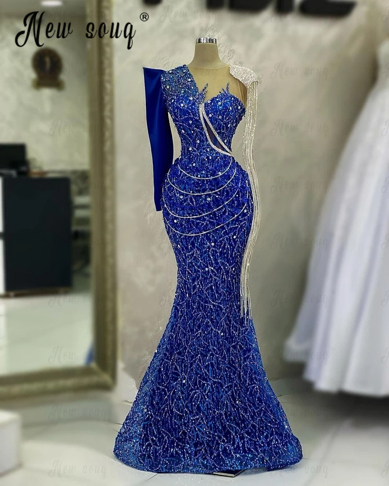 Sparkle Long Crystal Chain Wedding Party Dress Arabic Blue Mermaid Prom Gown Women Dinner Robes Beading 2023  Vestidos De Fiesta