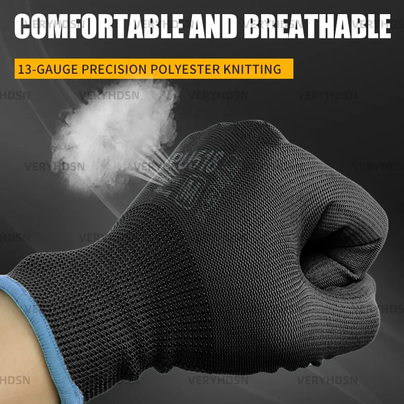 3Pairs Black Ultra-Thin Work Gloves Light Duty Durable & Breathable Knit Wrist Cuff PU Coated Cut-Resistant For Men&Women