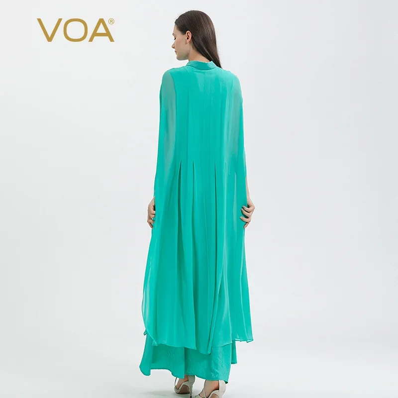 VOA Jacquard Mulberry Silk Turquoise Polo Neck One Button Fake Two Piece Paneled Georgette Silk Maxi Dresses for Women AE1556