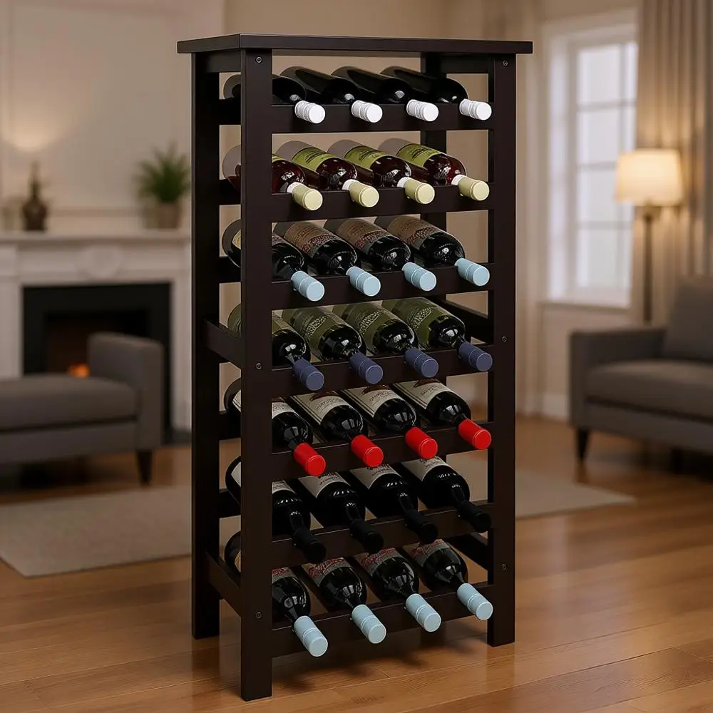 

7-Tier Bamboo Wine Rack, 28-Bottle Display Holder with Table Top, Storage Shelves for Kitchen, Pantry, Cellar, Bar (Black)
