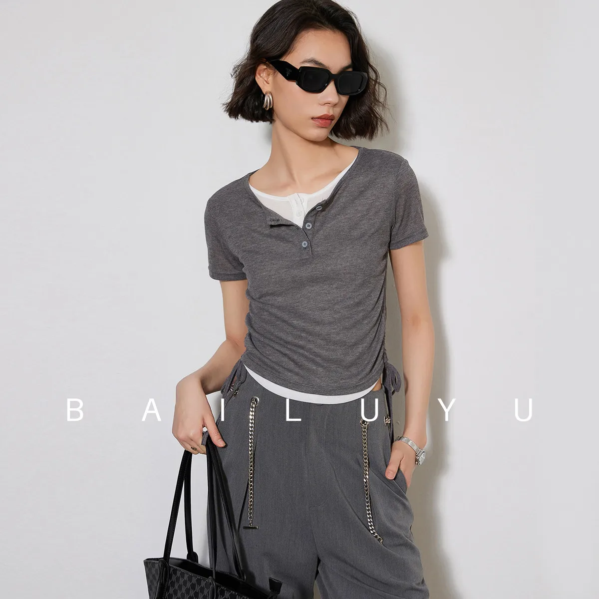 

LOUIS YAO Women Fake Two Pieces T-shirt 2024 Summer O Neck Short Sleeve Drawstring Slim Fit Short Pullover Top