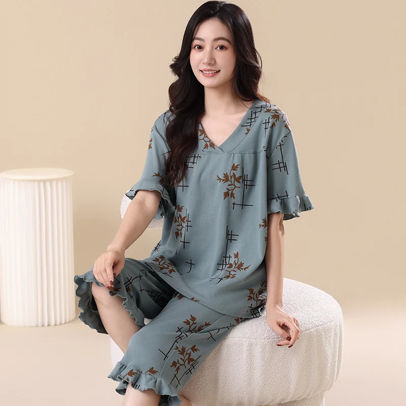 Large Size M-4XL Women Pajamas Sets Soft Nightwear Summer Short Sleeve Pyjamas Small Floral Print Sleepwear Female Pijamas Mujer