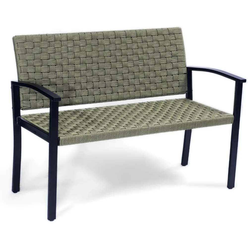 

Outdoor Bench with High Back and Arms, Wood Bench Outdoor, Rustic Legs with PE Wicker Seat, All-Weather Outdoor Benches
