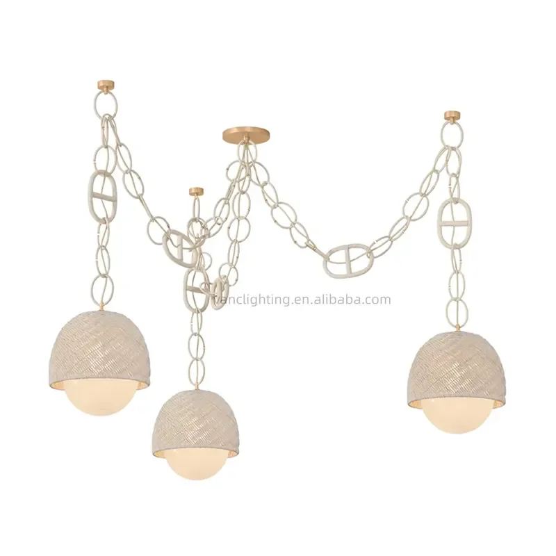 Modern Woven Rattan Pendant Light with Glass Shades Chain Suspension Chandelier for Dining Room Living Room Kitchen Island