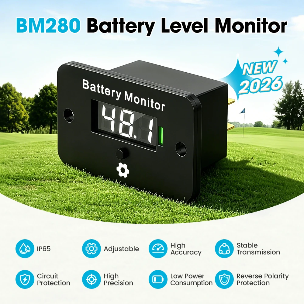 BM280 Battery Level Monitor 12V 24V 36V 48V 60V 72V Digital Battery Gauge IP65 Waterproof LCD Monitor for Golf Cart EZGO RV Truck and More