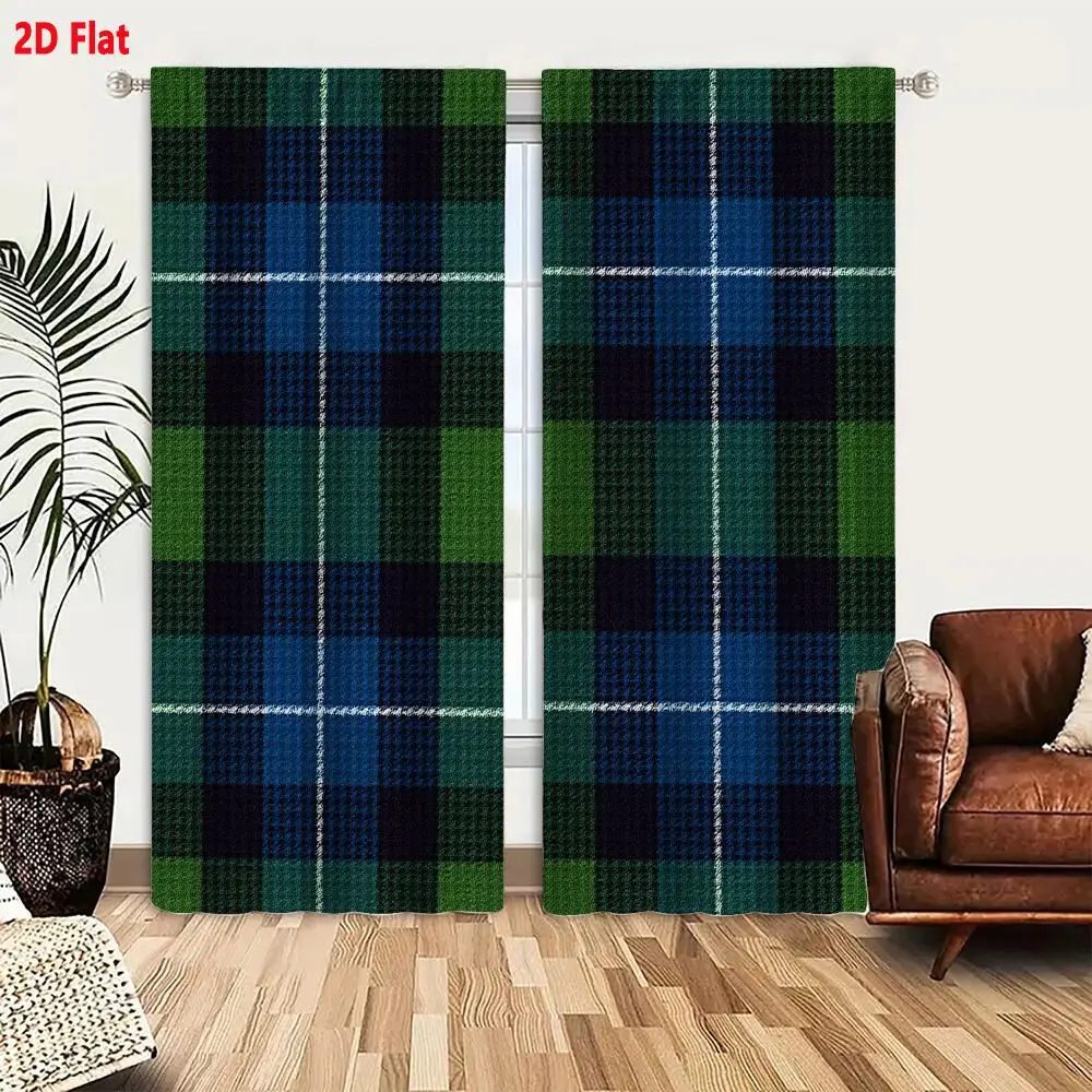 2Pcs Curtains 2D Flat Classic Tartan Plaid Woven Textile With Navy Green And White Grid Pattern Window Drapes for Bedroom Room D