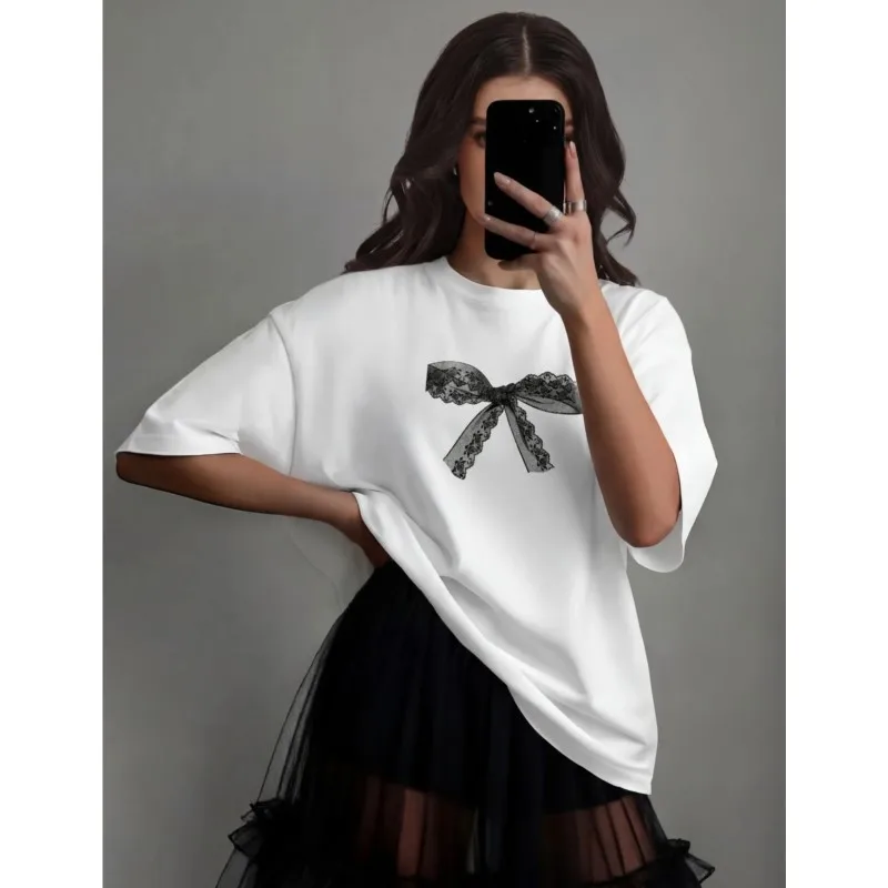 

Summer Pure Cotton Women's T-shirts Print Beautiful Lace Bow Cute Round Neck Tops Date Take Great Photos Clothes For Women