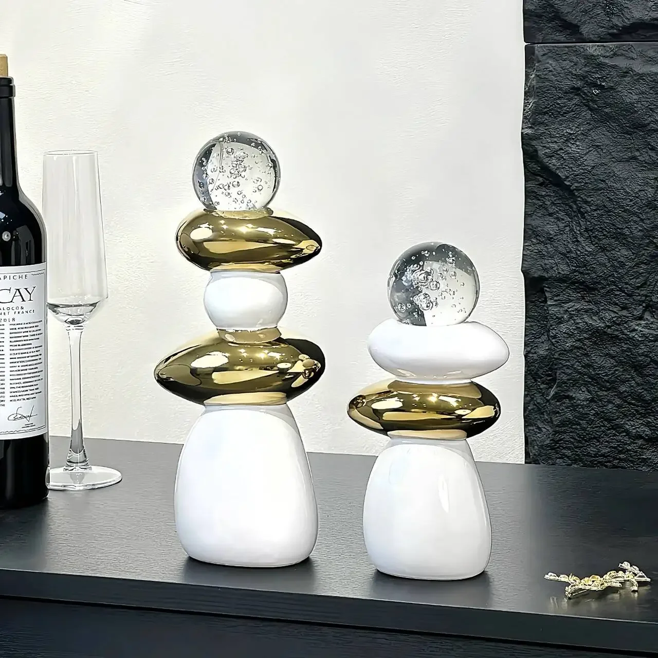 Ceramic Handicrafts Pile Pebbles Geometric Crystal Balls Stacked Stone Statue Decorative Figurines Home Decoration Accessories