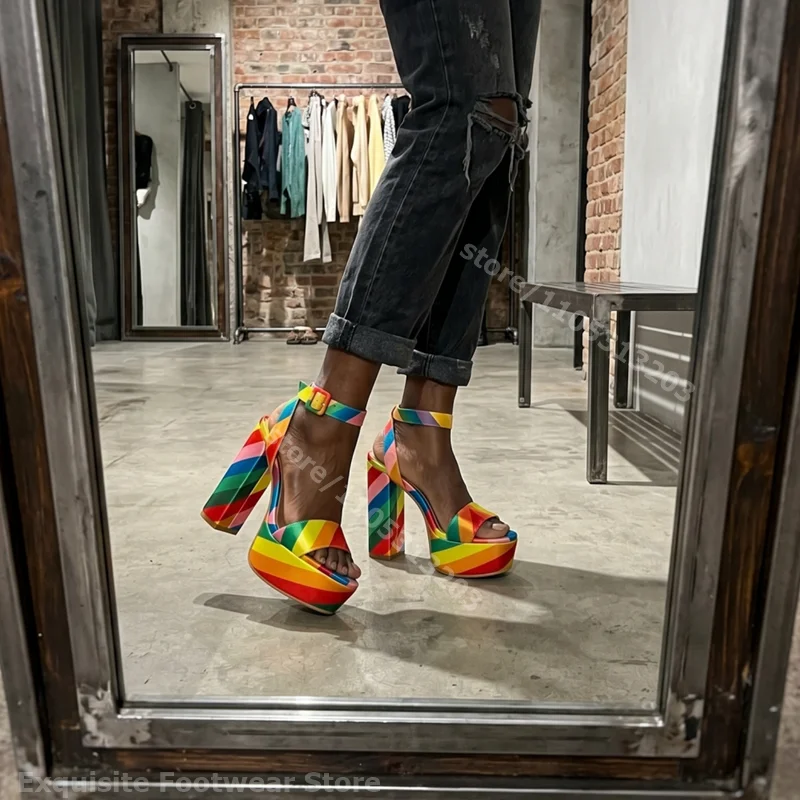 

New 2026 Rainbow Stripe Platform Sandals Chunky High Heels Graffiti Satin Ankle Strap Open Toe Party Dress Pumps Women Fashion