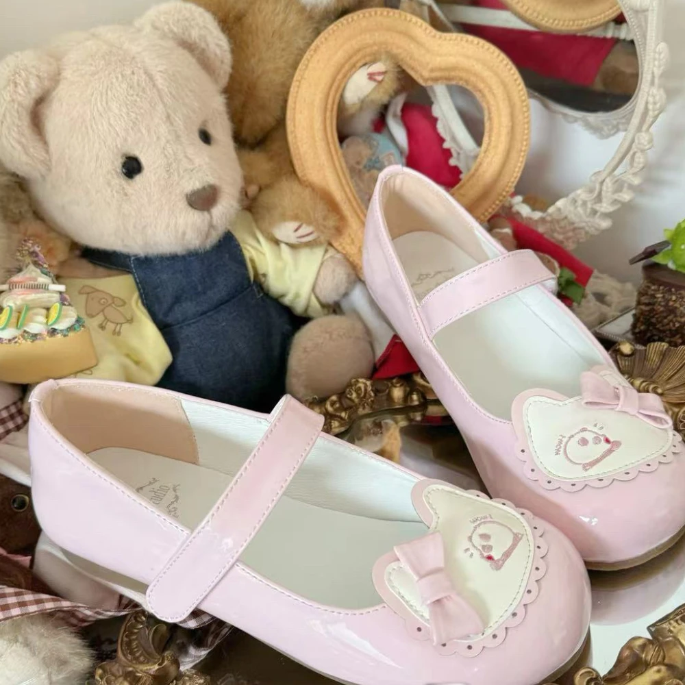 Cute Round Head Kawaii Shoes for Women Casual College Bow Flat Heel Shoe