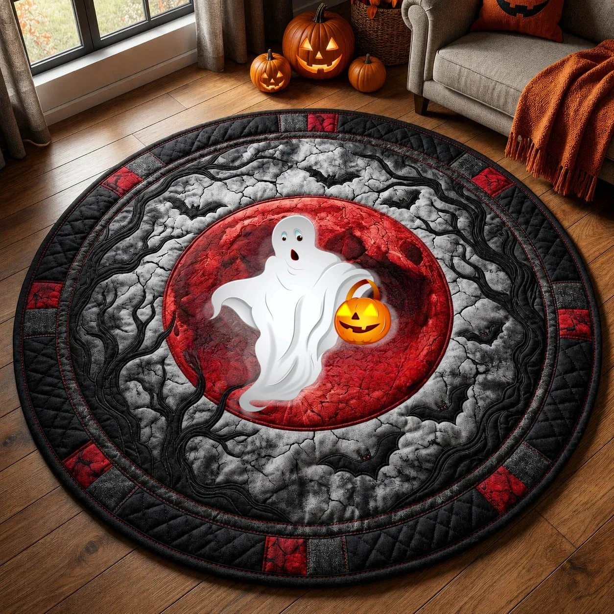 Round Area Rug Flannel Halloween Skeleton 3D Illusion Castle Vortex Floor Mat Living Room Bedroom Holiday Party Circle Carpet