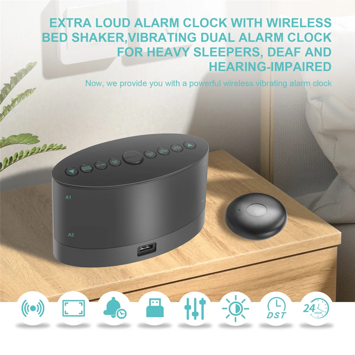 Extra Loud Alarm Clock with Wireless Bed Shaker,Vibrating Dual Alarm Clock for Heavy Sleepers, Deaf and Hearing-Impaired